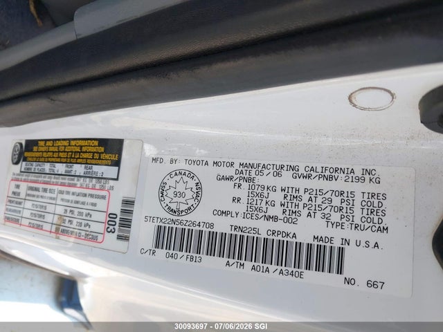 2006 Toyota Tacoma Access Cab მანქანა იყიდება აუქციონზე, vin: 5TETX22N56Z264708, აუქციონის ნომერი: 30093697