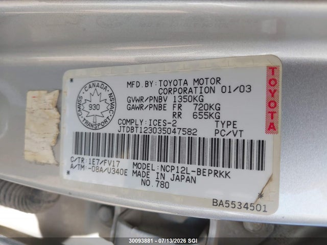 2003 Toyota Echo მანქანა იყიდება აუქციონზე, vin: JTDBT123035047582, აუქციონის ნომერი: 30093881