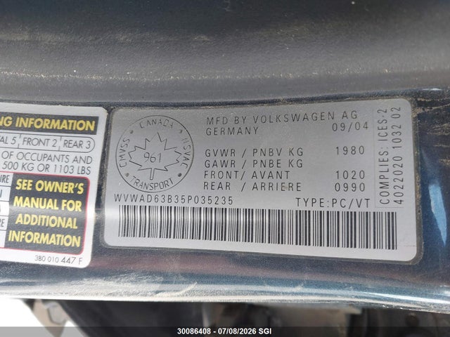 Продажа на аукционе авто 2005 Volkswagen Passat Gls, vin: WVWAD63B35P035235, номер лота: 30086408
