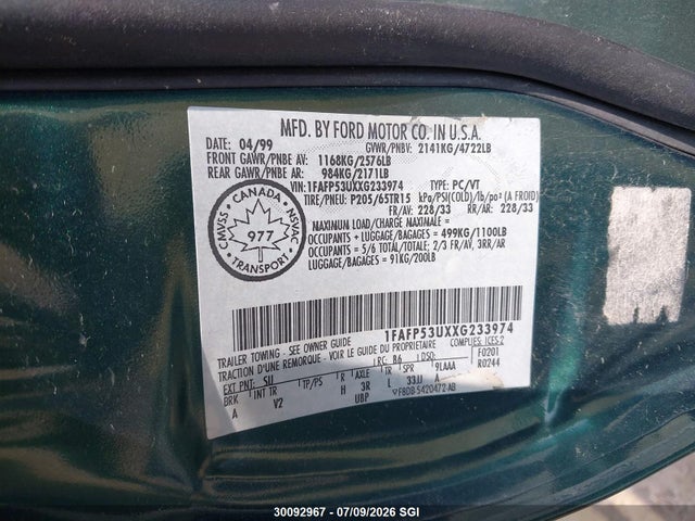 Продаж на аукціоні авто 1999 Ford Taurus Se, vin: 1FAFP53UXXG233974, номер лоту: 30092967