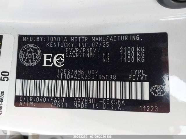 2025 Toyota Camry Xse/xle/le/se მანქანა იყიდება აუქციონზე, vin: 4T1DAACK2SU195088, აუქციონის ნომერი: 30093270