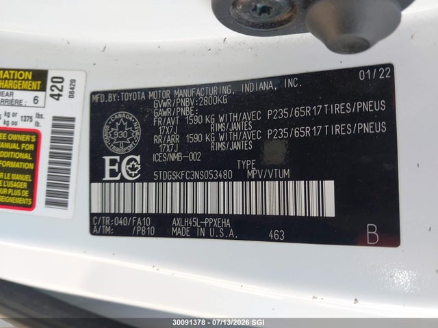 2022 Toyota Sienna Le/xle/xse/limited/platinum მანქანა იყიდება აუქციონზე, vin: 5TDGSKFC3NS053480, აუქციონის ნომერი: 30091378
