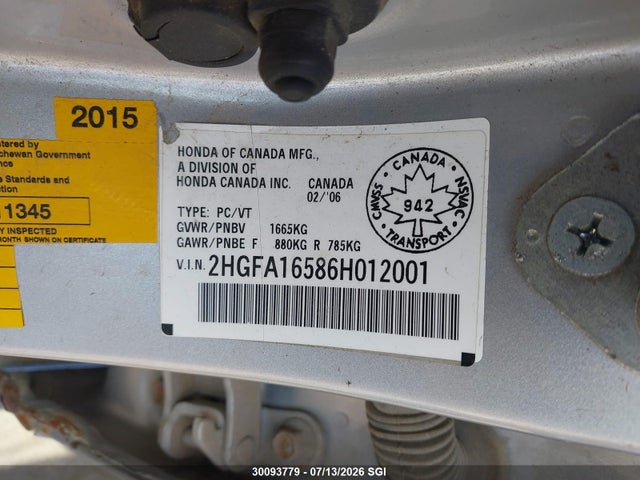 2006 Honda Civic Lx მანქანა იყიდება აუქციონზე, vin: 2HGFA16586H012001, აუქციონის ნომერი: 30093779