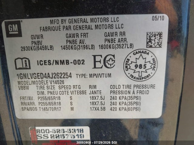 Aukcja sprzedaży 2010 Chevrolet Traverse Lt, vin: 1GNLVGED4AJ262254, numer aukcji: 30093900