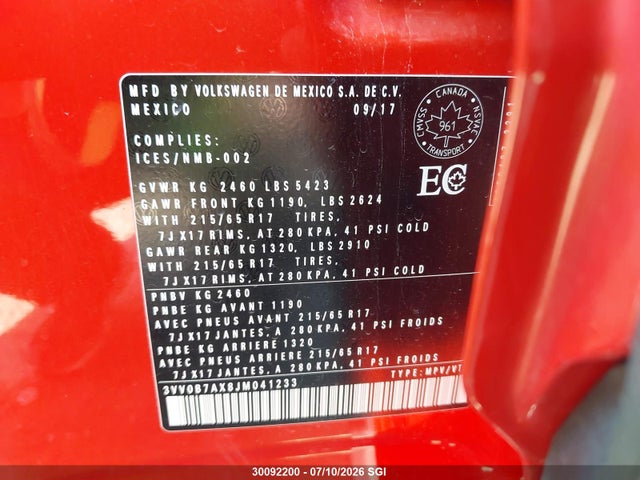 3VV0B7AX8JM041233 Volkswagen TIGUAN S