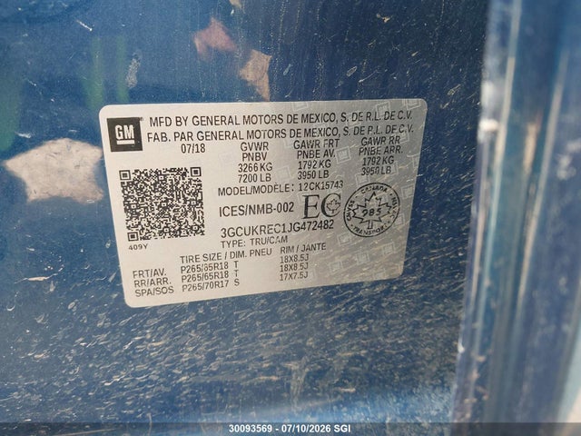 30093569 :رقم المزاد ، 3GCUKREC1JG472482 vin ، 2018 Chevrolet Silverado K1500 Lt مزاد بيع