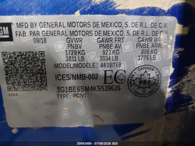 Aukcja sprzedaży 2019 Chevrolet Cruze Lt, vin: 3G1BE6SM4KS539626, numer aukcji: 30093499