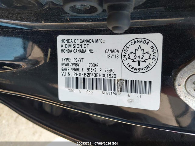 2014 Honda Civic Lx მანქანა იყიდება აუქციონზე, vin: 2HGFB2F43EH001920, აუქციონის ნომერი: 30093739