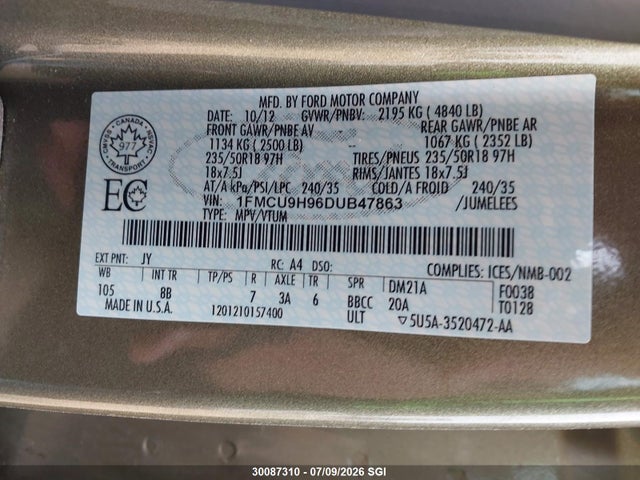 30087310 :رقم المزاد ، 1FMCU9H96DUB47863 vin ، 2013 Ford Escape Sel مزاد بيع