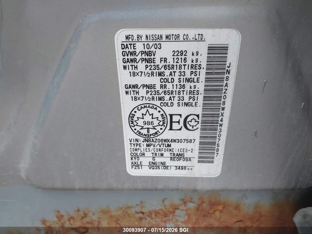 Aukcja sprzedaży 2004 Nissan Murano Sl/se, vin: JN8AZ08WX4W307587, numer aukcji: 30093907