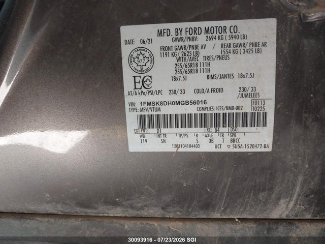 Продажа на аукционе авто 2021 Ford Explorer Xlt, vin: 1FMSK8DH0MGB56016, номер лота: 30093916