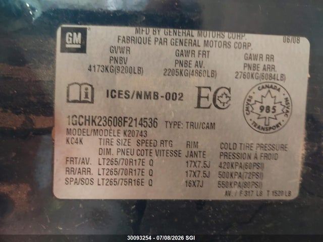 30093254 :رقم المزاد ، 1GCHK23608F214536 vin ، 2008 Chevrolet Silverado K2500 Heavy Duty مزاد بيع