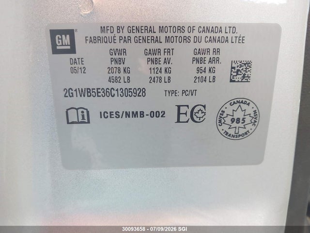 30093658 :رقم المزاد ، 2G1WB5E36C1305928 vin ، 2012 Chevrolet Impala Lt مزاد بيع