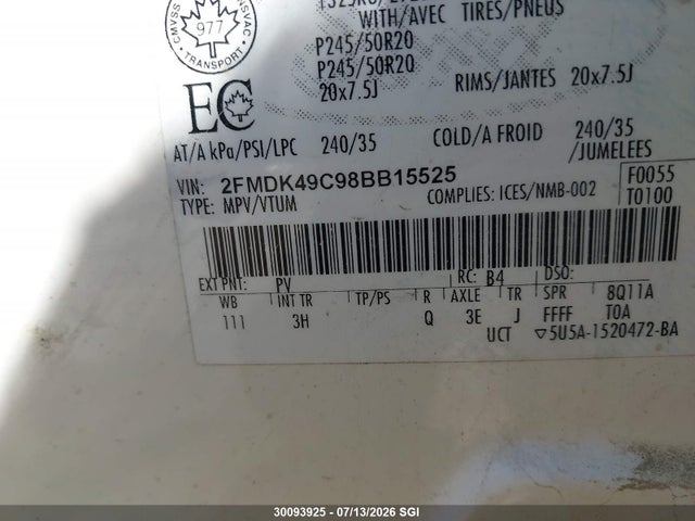 Auction sale of the 2008 Ford Edge Limited, vin: 2FMDK49C98BB15525, lot number: 30093925