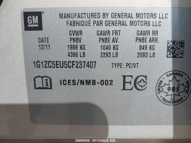 Продаж на аукціоні авто 2012 Chevrolet Malibu 1lt, vin: 1G1ZC5EU5CF237407, номер лоту: 30093936