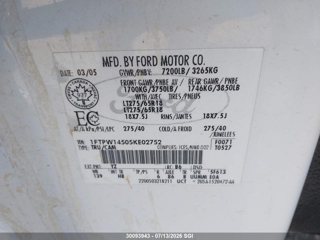 Aukcja sprzedaży 2005 Ford F150 Supercrew, vin: 1FTPW14505KE02752, numer aukcji: 30093943