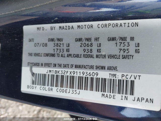 Aukcja sprzedaży 2009 Mazda 3 I, vin: JM1BK32FX91193609, numer aukcji: 30093956