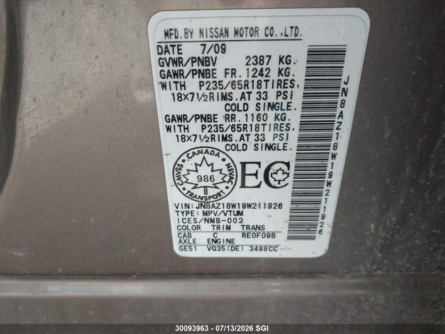 Aukcja sprzedaży 2009 Nissan Murano S/sl/le, vin: JN8AZ18W19W211926, numer aukcji: 30093963