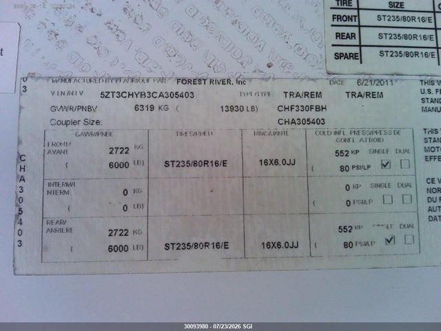 Продаж на аукціоні авто 2012 Forest River Inc. Coachmen 330fbh, vin: 5ZT3CHYB3CA305403, номер лоту: 30093980