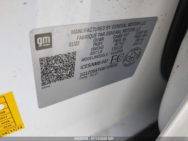 2022 Chevrolet Malibu Lt მანქანა იყიდება აუქციონზე, vin: 1G1ZD5ST6NF109026, აუქციონის ნომერი: 30092208