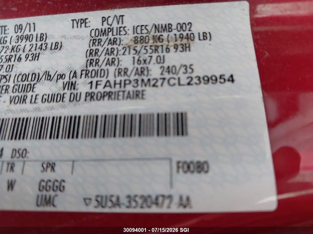 2012 Ford Focus Sel მანქანა იყიდება აუქციონზე, vin: 1FAHP3M27CL239954, აუქციონის ნომერი: 30094001
