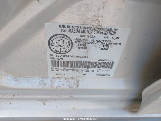 30093269 :رقم المزاد ، 1YVHP81DX45N36455 vin ، 2004 Mazda 6 S مزاد بيع
