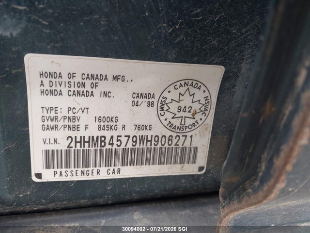30094002 :رقم المزاد ، 2HHMB4579WH906271 vin ، 1998 Acura 1.6el Premium مزاد بيع