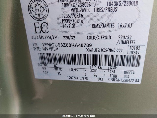 2008 Ford Escape Xlt მანქანა იყიდება აუქციონზე, vin: 1FMCU93Z68KA48789, აუქციონის ნომერი: 30094007