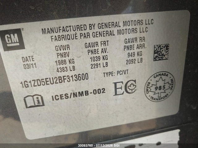 30093760 :رقم المزاد ، 1G1ZD5EU2BF313600 vin ، 2011 Chevrolet Malibu 2lt مزاد بيع