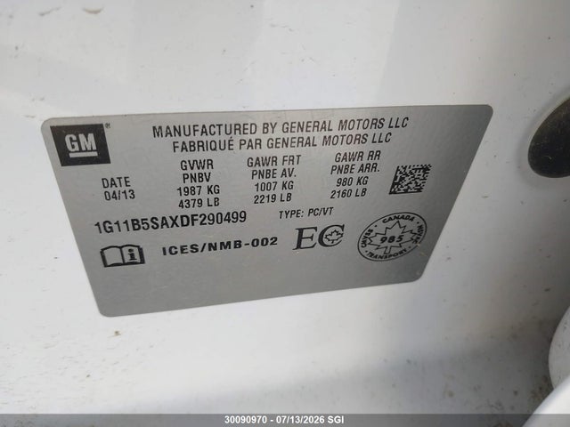 Продажа на аукционе авто 2013 Chevrolet Malibu Ls, vin: 1G11B5SAXDF290499, номер лота: 30090970