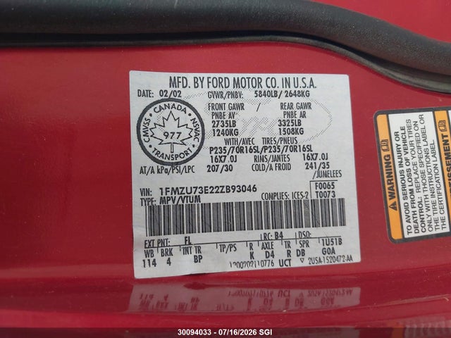 Aukcja sprzedaży 2002 Ford Explorer Xlt, vin: 1FMZU73E22ZB93046, numer aukcji: 30094033