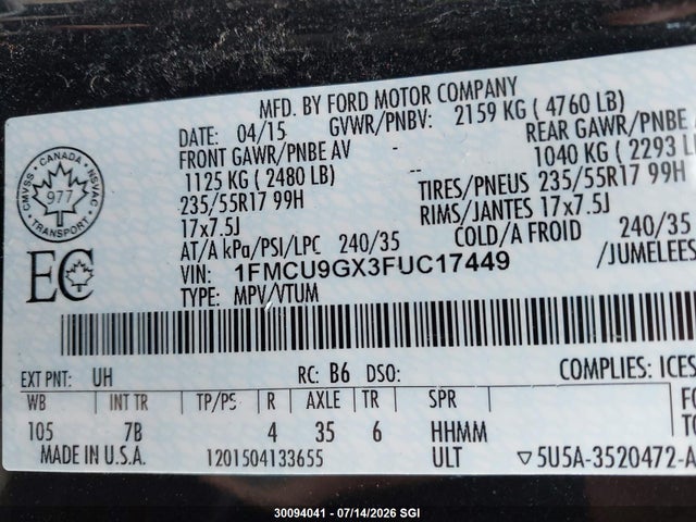 Aukcja sprzedaży 2015 Ford Escape Se, vin: 1FMCU9GX3FUC17449, numer aukcji: 30094041