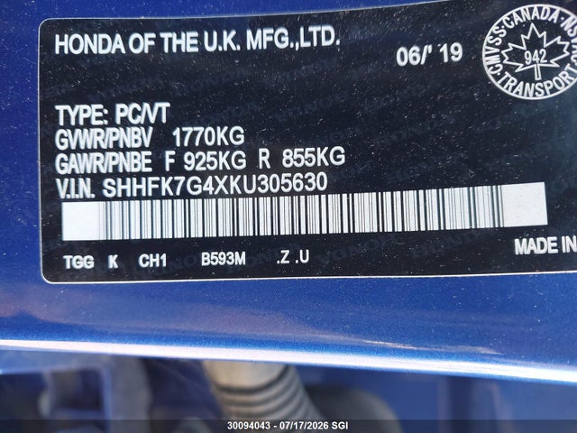 Продаж на аукціоні авто 2019 Honda Civic Sport, vin: SHHFK7G4XKU305630, номер лоту: 30094043