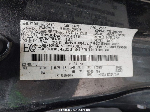 2013 Ford Focus Se მანქანა იყიდება აუქციონზე, vin: 1FADP3F20DL299068, აუქციონის ნომერი: 30094044