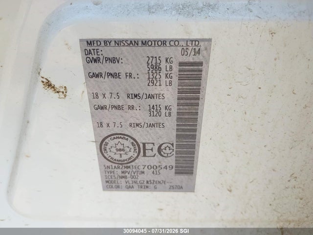 5N1AR2MM3EC700549 Nissan Pathfinder S/sv/sl/platinum