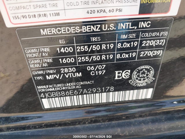 2007 Mercedes-benz Ml 350 მანქანა იყიდება აუქციონზე, vin: 4JGBB86E67A293178, აუქციონის ნომერი: 30093502