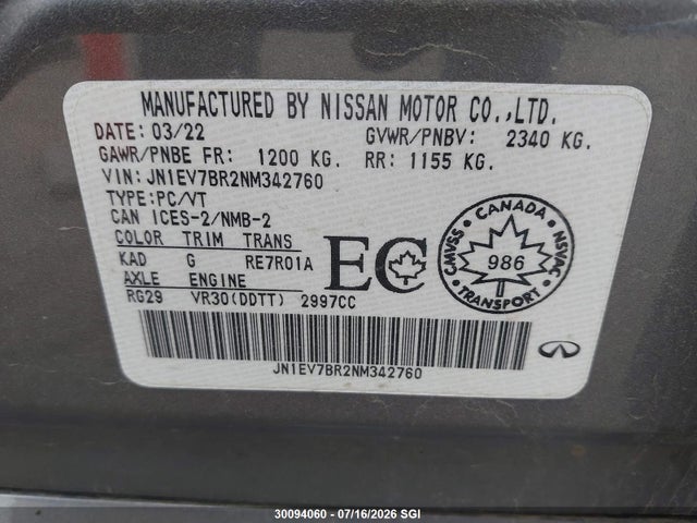 JN1EV7BR2NM342760 Infiniti Q50 LUXE