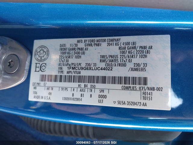Aukcja sprzedaży 2020 Ford Escape Se, vin: 1FMCU9G6XLUC44022, numer aukcji: 30094063