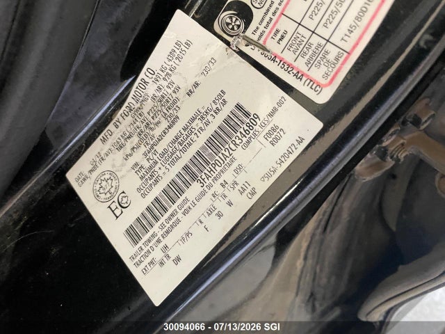 30094066 :رقم المزاد ، 3FAHP0JA2CR346809 vin ، 2012 Ford Fusion Sel مزاد بيع