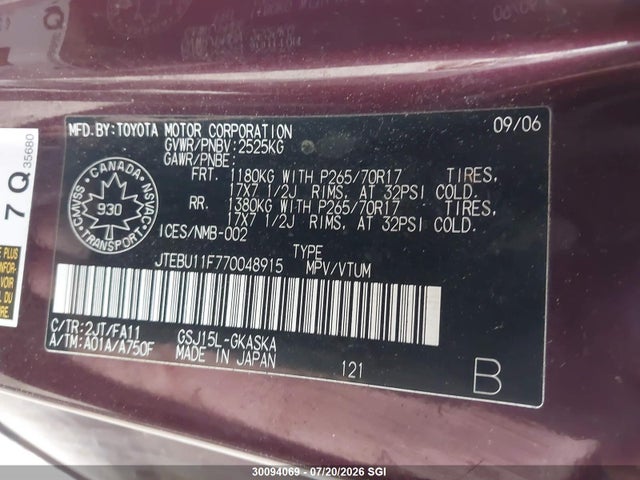 Продаж на аукціоні авто 2007 Toyota Fj Cruiser, vin: JTEBU11F770048915, номер лоту: 30094069
