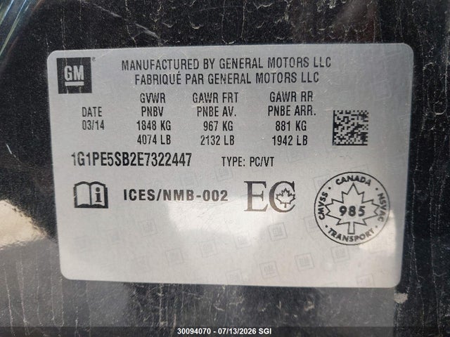 1G1PE5SB2E7322447 Chevrolet CRUZE LT
