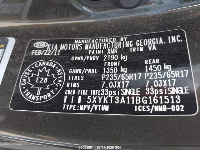 Aukcja sprzedaży 2011 Kia Sorento Lx, vin: 5XYKT3A11BG161513, numer aukcji: 30093991