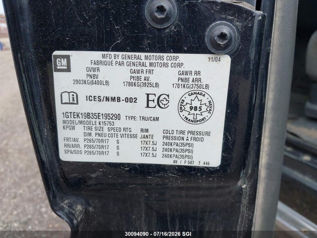 Продажа на аукционе авто 2005 Gmc New Sierra K1500, vin: 1GTEK19B35E195290, номер лота: 30094090