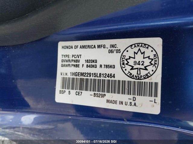 Aukcja sprzedaży 2005 Honda Civic Ex, vin: 1HGEM22915L812464, numer aukcji: 30094101