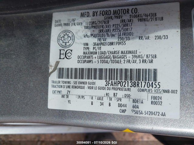 30094081 :رقم المزاد ، 3FAHP02138R170455 vin ، 2008 Ford Fusion Sel مزاد بيع