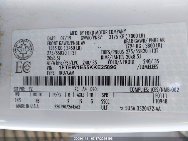 Aukcja sprzedaży 2019 Ford F150 Supercrew, vin: 1FTEW1E55KKE25896, numer aukcji: 30094141