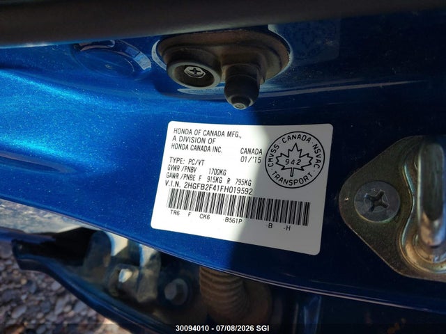 2015 Honda Civic Lx მანქანა იყიდება აუქციონზე, vin: 2HGFB2F41FH019592, აუქციონის ნომერი: 30094010