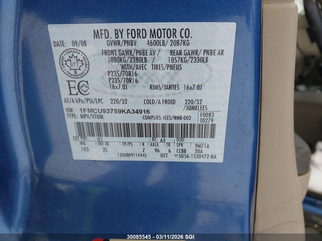 2009 Ford Escape Xlt მანქანა იყიდება აუქციონზე, vin: 1FMCU93759KA34916, აუქციონის ნომერი: 30085545