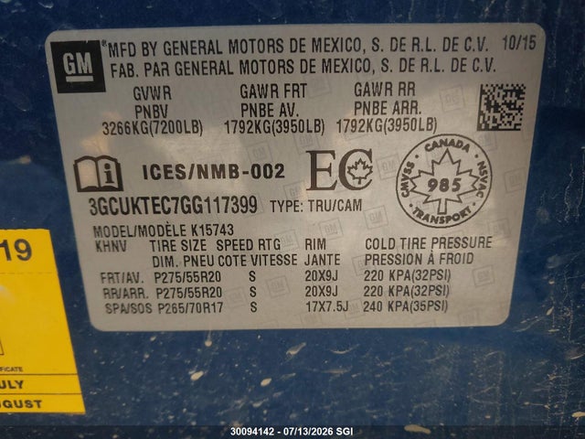 30094142 :رقم المزاد ، 3GCUKTEC7GG117399 vin ، 2016 Chevrolet Silverado K1500 High Country مزاد بيع