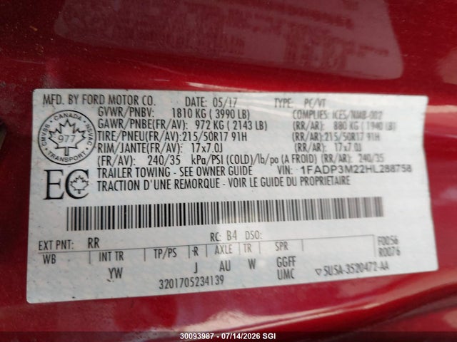2017 Ford Focus Sel მანქანა იყიდება აუქციონზე, vin: 1FADP3M22HL288758, აუქციონის ნომერი: 30093987